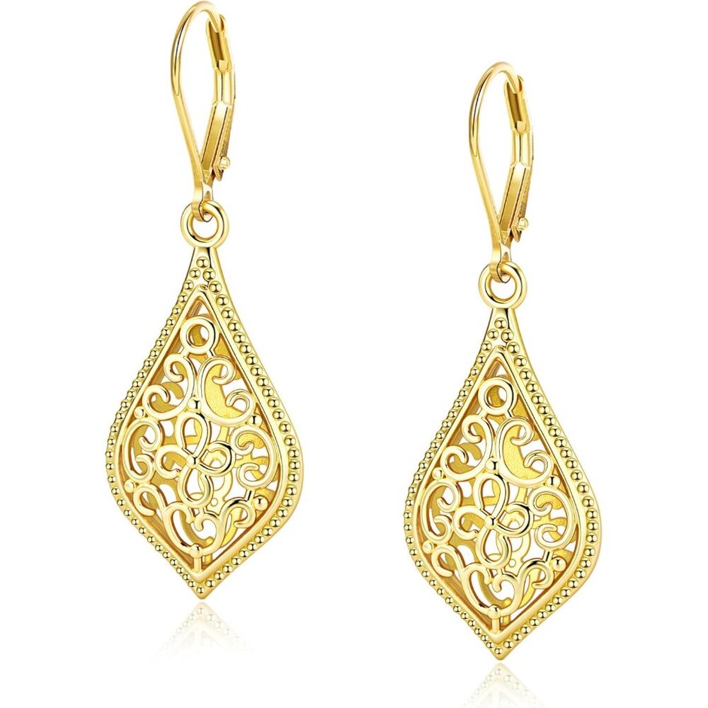 🆕Women's 14K Gold 1 Plated 925 Sterling Filigree Dangling Lever back Earrings